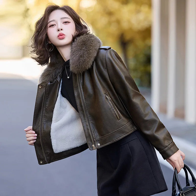 cold weather outfits JazzHer Women's Autumn Winter New Style Leather Jacket Large Collar Fleece Lined And Thickened Petite Jacket PULeather ZH1138