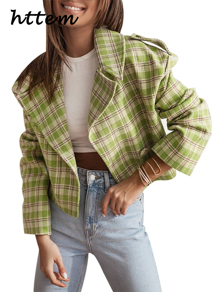 JazzHer Vintage Plaid Short Coats Women Loose Lapel Single Breasted Long Sleeve Female Jackets 2024 Autumn Lady Fashion Commute Outwear