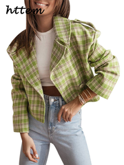 JazzHer Vintage Plaid Short Coats Women Loose Lapel Single Breasted Long Sleeve Female Jackets 2024 Autumn Lady Fashion Commute Outwear