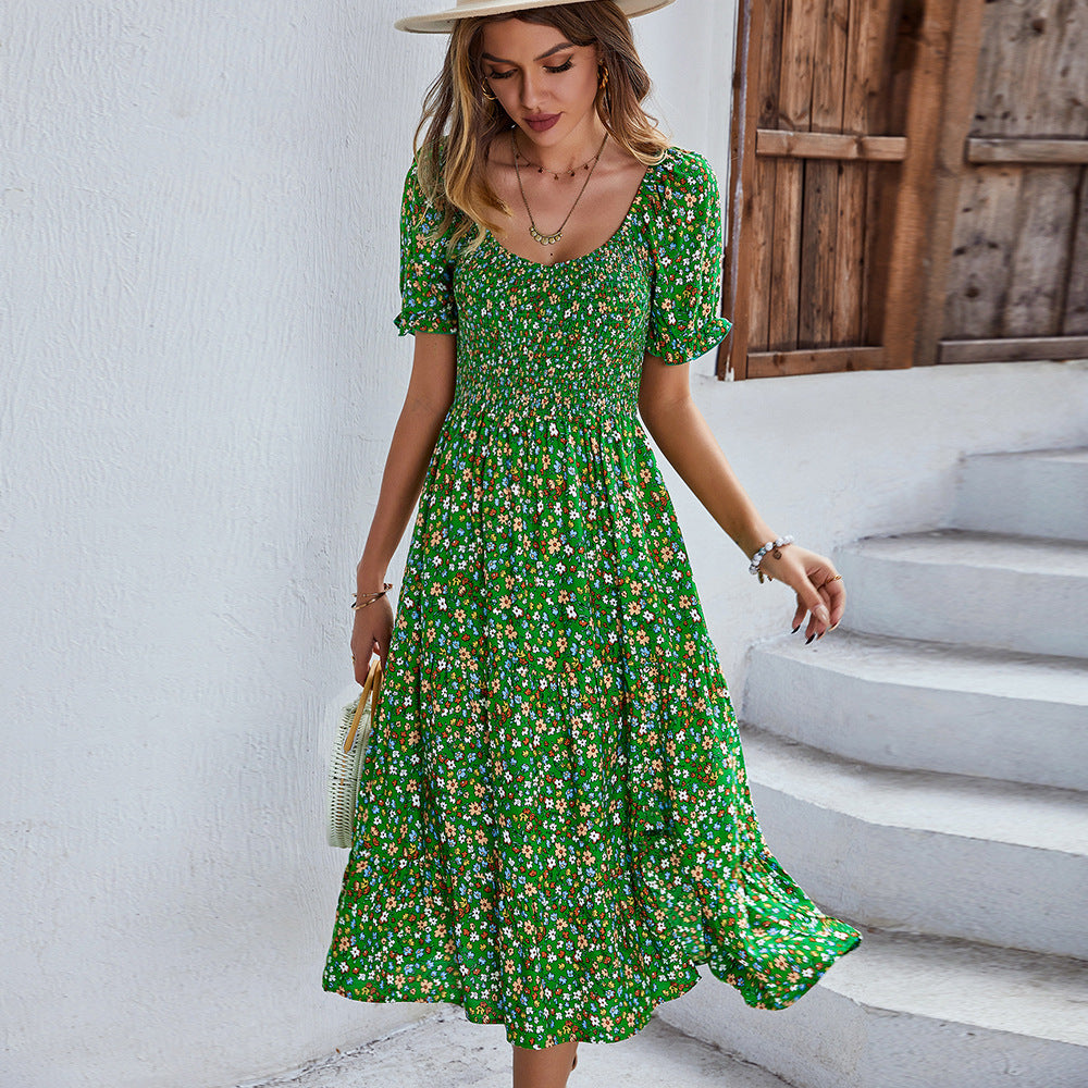 JazzHer Ladies Sexy Vintage Floral Print Boho Summer Dress Women Casual Elastic Bohemian Beach Dress Women Sundress Robe Vestidos Female