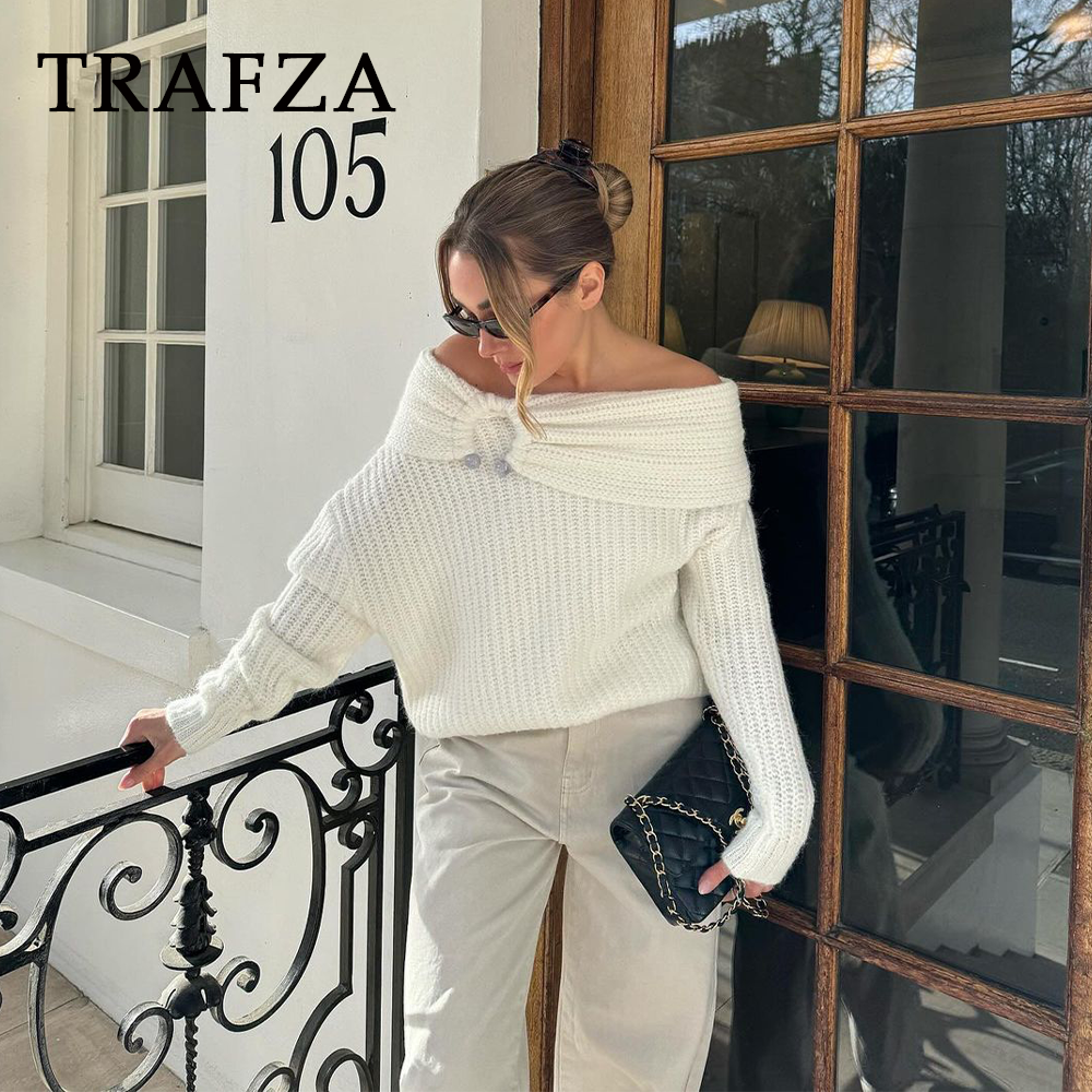 cold weather outfits JazzHer 2024 Spring Summer Casual Tierred Sweaters Fashion Streetwear Slash neck Solid Oversized Knitted Chic Elegant Sweaters