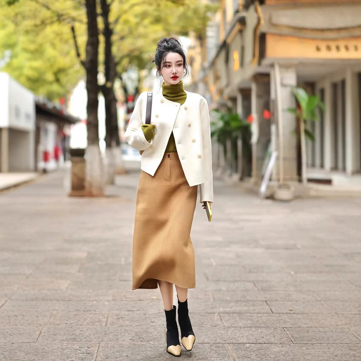 cold weather outfits JazzHer Fashionable High-End Tweed Style Women's Sweater Skirt Leather Jacket Suit New Arrival Autumn 2024 Elegant and Stylish