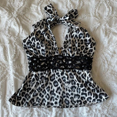 JazzHer Y2k Tops Camis Women Clothing Leopard Punk Sexy Sling Lace Aesthetic Crop Top Baby Tee Slim Gothic Backless Femme Grunge T shirt