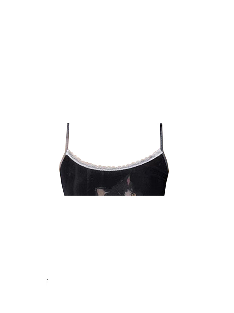 christmas outfit JazzHer Women's Black Crop Top Vintage Y2k Camisole Cat Graffiti Print Sleeveless Off Shoulder Emo Corset Top 2000s Clothes 2025 Summer