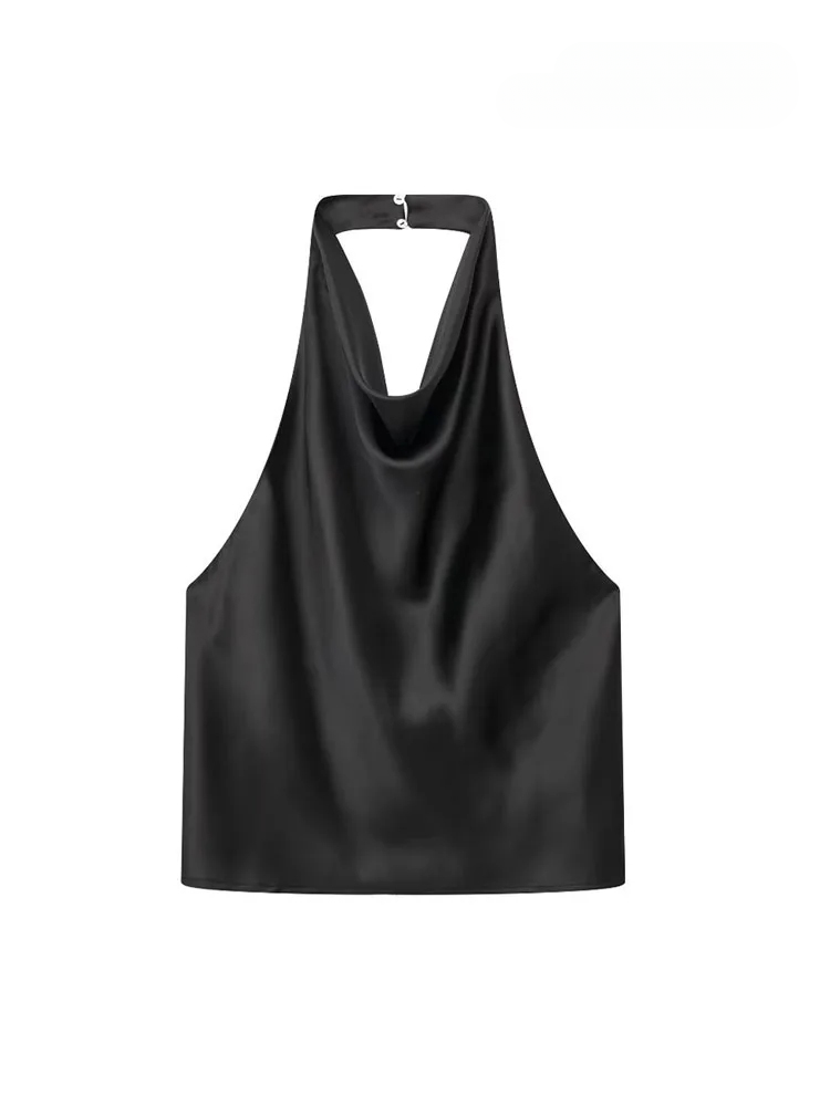 JazzHer Women Fashion Satin Flowing Halterneck Tank Tops Sexy Backless With Button Female Camis Mujer