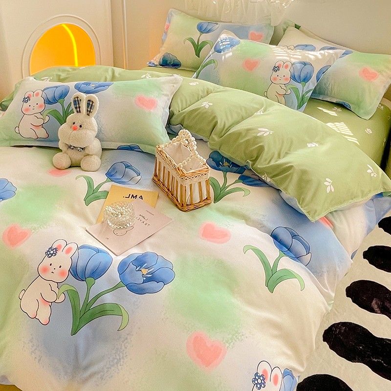 JazzHer Flowers Rabbit Bedding Set Ins No Filler Single Queen Size Duvet Cover Flat Sheet Pillowcase Girls Boys New Comforter Duvet