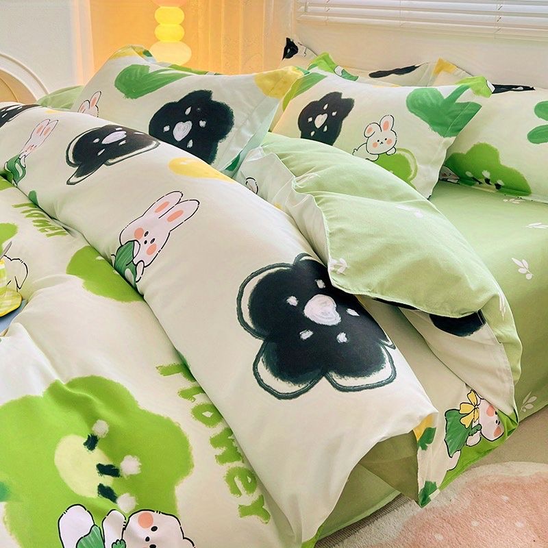 JazzHer Cute Rabbit Carrot Bedding Set Soft Green Flat Sheet Quilt Cover Pillowcase Bed Linen Twin Queen Full Size Floral Duvet Cover