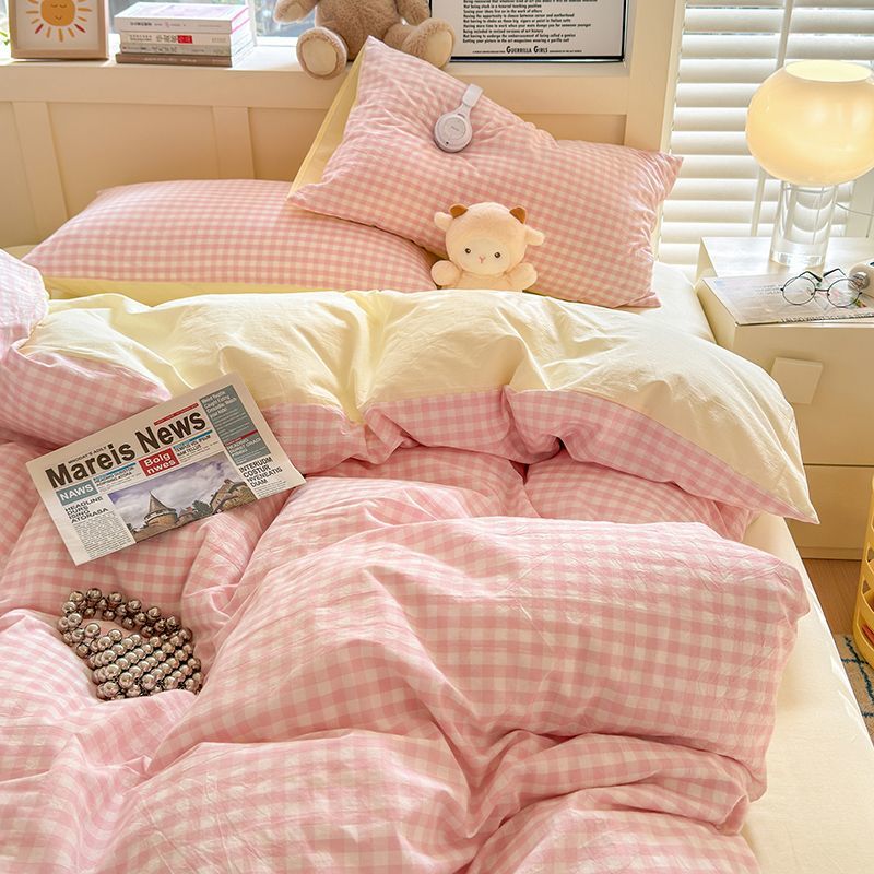 JazzHer Pink Duvet Cover Set Classic Plaid Twin Queen Size Girls Boys Flat Sheet Pillowcase No Filler Soft Home Decor Bedding Set