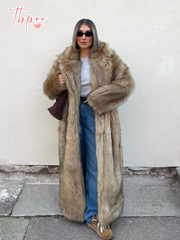 JazzHer Fashion Oversized Lapel Collar Faux Fur Long Coat For Women Chic Long Sleeve Thick Warm Fluffy Jacket 2025 Lady High Streetwear