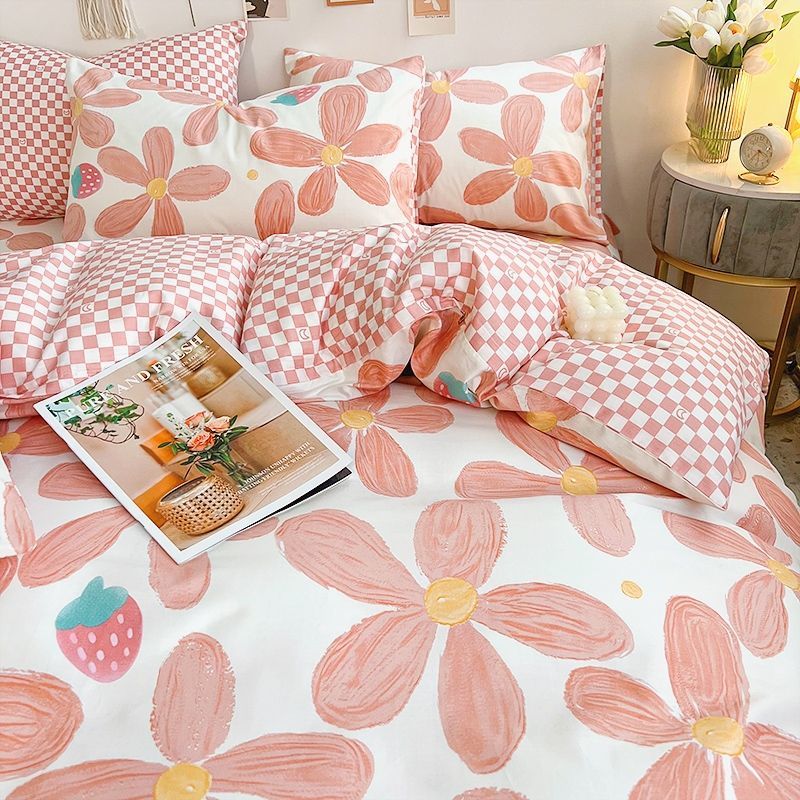 JazzHer Pink Floral Bedding Set Soft Ins Single Double Queen Size Duvet Cover Flat Sheet Pillowcase Girls Home Totel Bed Linens