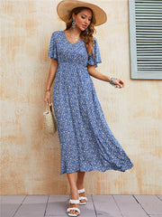 JazzHer Ladies Vintage Boho Print Summer Dress Women Casual Blue Elastic Waist Bohemian Beach Sundress Women Dress Robe Vestidos Female