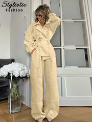 thanksgiving outfit JazzHer Casual Cotton Linen Suits Women Chic Belt Lapel Long Sleeve Loose Lace Up Shirt Wide Leg Pants Sets 2024 Autumn Lady 2pcs Set