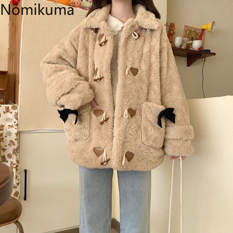 JazzHer 2025 Women Clothing Winter Y2k Jackets Pocket Bow Fashion Furry Outwear Oversized Tops Streetwear Casual Warm Thick Coats 27y535