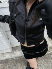 JazzHer Punk Leather Crop Jackets Women's Clothing Slim Fit Stand Neck Zipper Outwear Crop Tops 2025 Ropa Mujer Vintage Fashion PU Coats