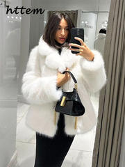 JazzHer Street Women's White Faux Fur Coat Loose Lapel Long Sleeve Female Furry Jacket 2024 Autumn Winter Lady Luxury Plush Overcoat New