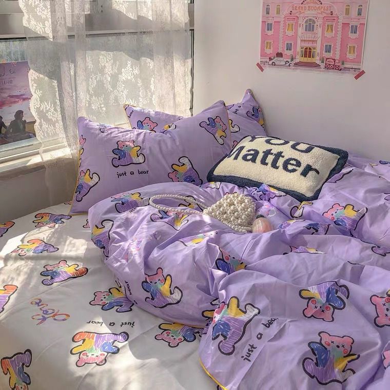 JazzHer Korean Style Cartoon Sheep Bedding Set Girls Kids Twin Full Queen Size Bed Flat Sheet Duvet Cover Pillowcases Bed Linen Kawaii