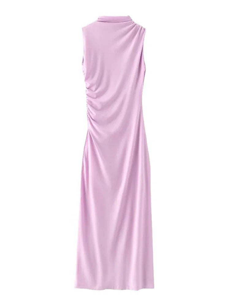 JazzHer Elegant Pleated Long Dresses Women Bodycon Sleeveless Half High Collar Back Split Long Dress 2024 Summer Lady Pink Party Robes