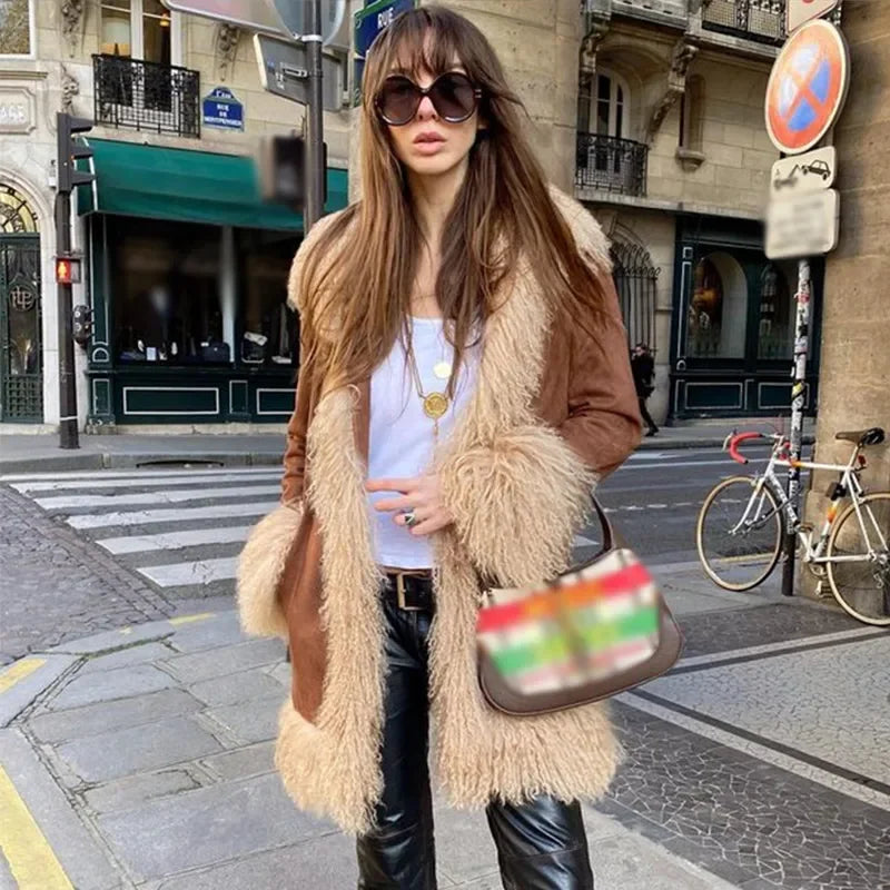 JazzHer Street Patchwork Women Faux Fur Suede Coat Lapel Long Sleeve Female Furry Jacket 2024 Autumn Winter Lady Vintage Luxury Outwear