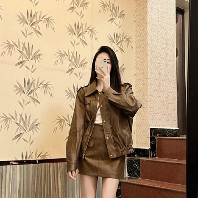 cold weather outfits JazzHer Vintage Style American Women's Mini Dress Set Half Length PU Leather Jacket For Autumn 2024 New Arrival Two Piece Suit