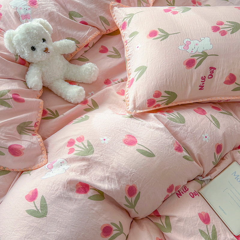 JazzHer Pink Tulip Double Layer Yarn Quilt Cover Bed Sheet Pillowcase Twin Queen Size Bedding Set Girls Women Duvet Cover Set No Filler