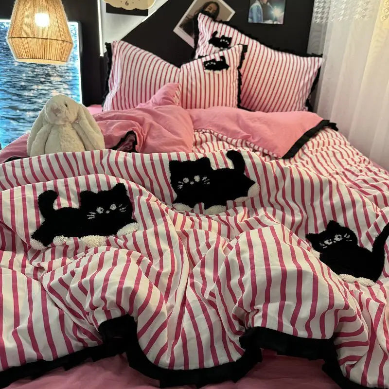 JazzHer Korean Style Bedding Set Green Strip Black Cat Embroidery Washed Cotton  Duvet Cover Cute Cardboard  Bed linen Comforter Sets