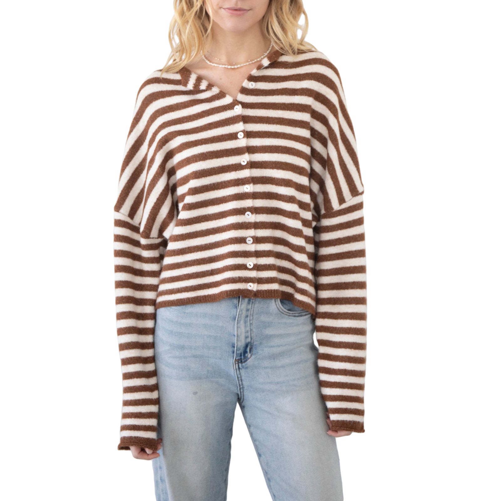 thanksgiving outfit JazzHer Women Fashion Cardigan Stripe Long Sleeve Sweater Button-Down Fall Casual Soft Knit Coat