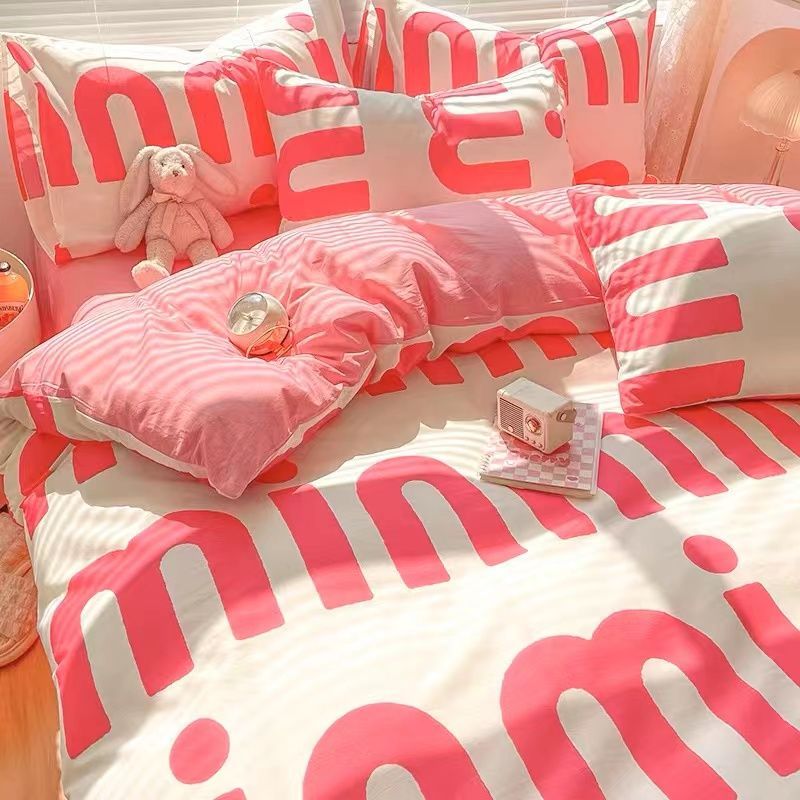 JazzHer Princess Style Bedding Set Girls Twin Queen Full Size Duvet Cover Set Bed Flat Sheet Pillowcase Kids Adult Pink Letter Bed Linen