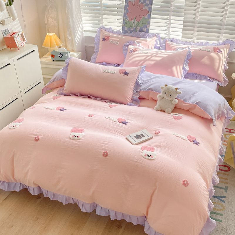 JazzHer Kawaii Princess Bedding Set with White Ruffles Korean Style Girls Single Full Duvet Cover No Filling Flat Sheet Pillowcases Kit