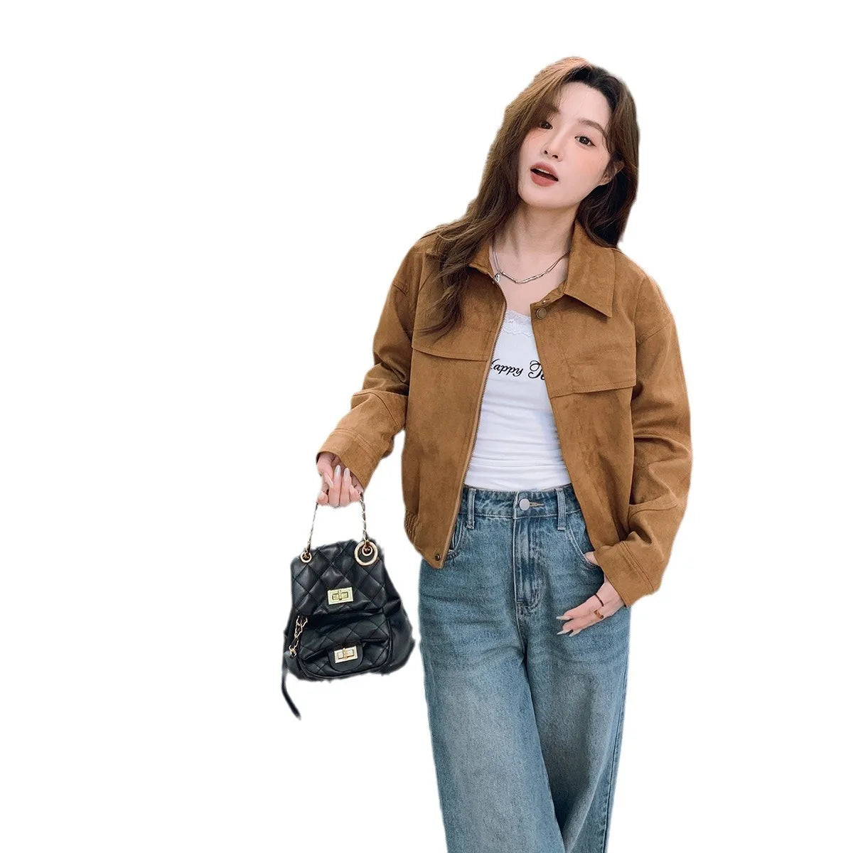 cold weather outfits JazzHer Coffeechamois Leather Chic Jacket 2024 Autumn New Simple Style Blogger Ins Sense Fresh Top Loose Fit Short Outerwear