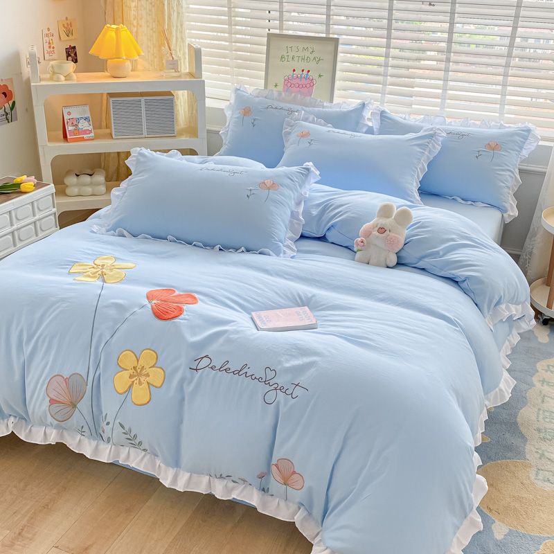 JazzHer Ins Korean Style Bedding Set with Ruffles Princess Duvet Cover No Filling Flat Sheet Pillowcases Kit Girls Blue Pink Solid Color