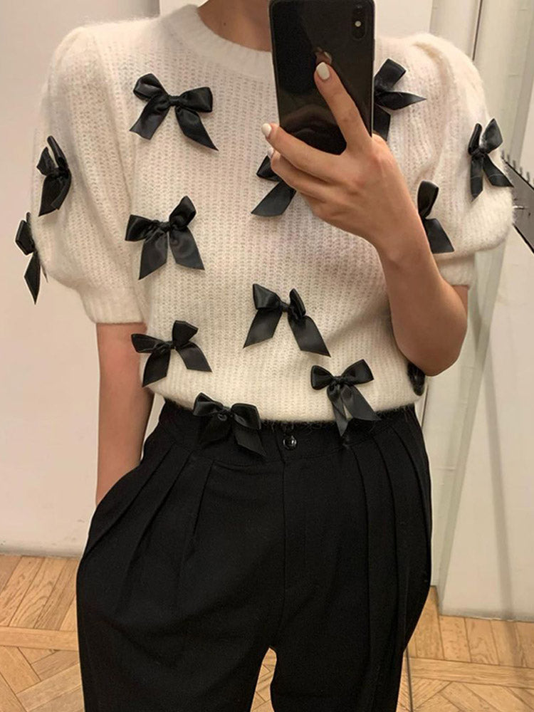 thanksgiving outfit JazzHer Elegant Knitted Bow Sweater Women Chic Contrast O Neck Short Puff Sleeve Pullover Female 2024 Autumn Fashion Loose Lady Tops