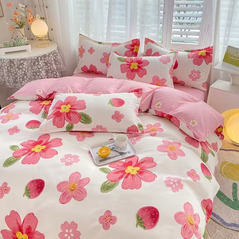 JazzHer Korean Pink Rose Duvet Cover Set Soft Green Flat Sheet Quilt Cover Pillowcase Bed Linen Twin Queen Full Size Floral Bedding Set