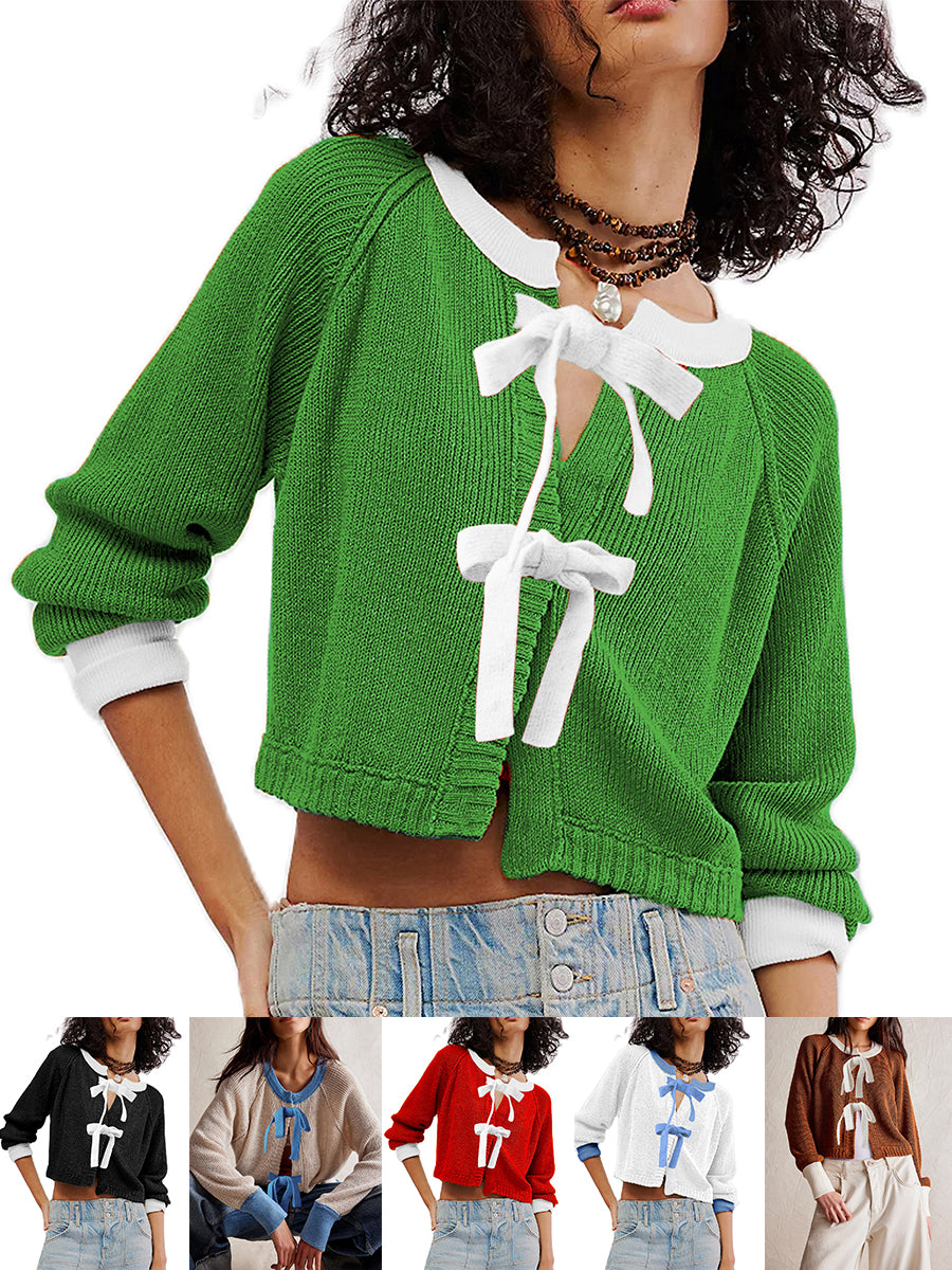 thanksgiving outfit JazzHer Women's Knit Sweater Long Sleeve Round Neck Bow Tie Front Contrast Color Cardigan Fall Sweater