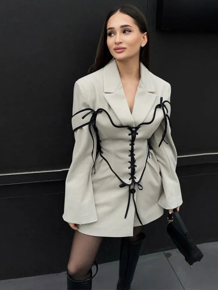 thanksgiving outfit JazzHer Elegant England Panelled Dress Women Lace Up Lapel Full Sleeves Empire Mini Dresses Female 2024 Autumn Commute Lady Robes