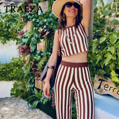 cold weather outfits JazzHer 2024 Spring Summer Vintage Knitted Striped Women Suits Fashion Casual O Neck Sleeveless Short Tops+High Waist Long Pants