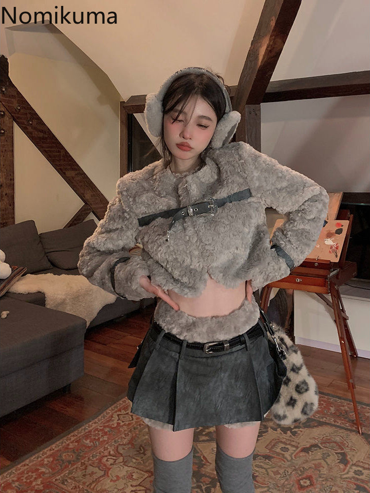 JazzHer Winter Clothes Women Gray Lamb Wool Jacket 2025 Ropa Mujer Stand Neck Fashion Korean Outwear Y2k Tops Furry Thicked Warm Coat