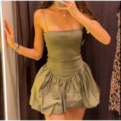 JazzHer Ladies Short Patchwork Ribbed Poplin Puff Summer Dress Women Sexy Straight Neck Thin Straps Outfits Mini Dresses Female Vestidos