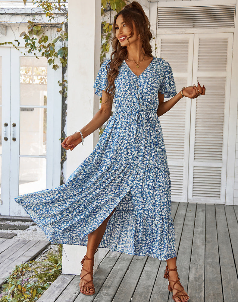 JazzHer Ladies Vintage Long Floral Print Summer Dress Women Loose Casual Button Bohemian Beach Dress Women Sundress Robe Vestidos Female