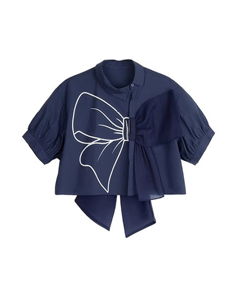 christmas outfit JazzHer Women Bow Shirt and Blouse Y2k Vintage Short Sleeve Blouse Korean Style Harajuku Casual Elegant Kawaii Royal Blue Shirt Top 2025