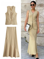 JazzHer Women Vest Skirt Sets Female Khaki Long Blazer Vest V Neck Sleeveless Slim Top+Elegant High Waist A Line Skirt Suit