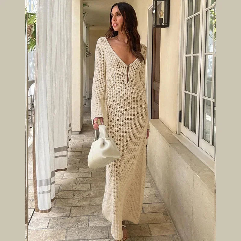 JazzHer Elegant Knit Hollow Out Long Dress For Women Slim  V Neck Backless Flare Sleeve Female Dresses 2024 Summer Lady Sexy Beachwear