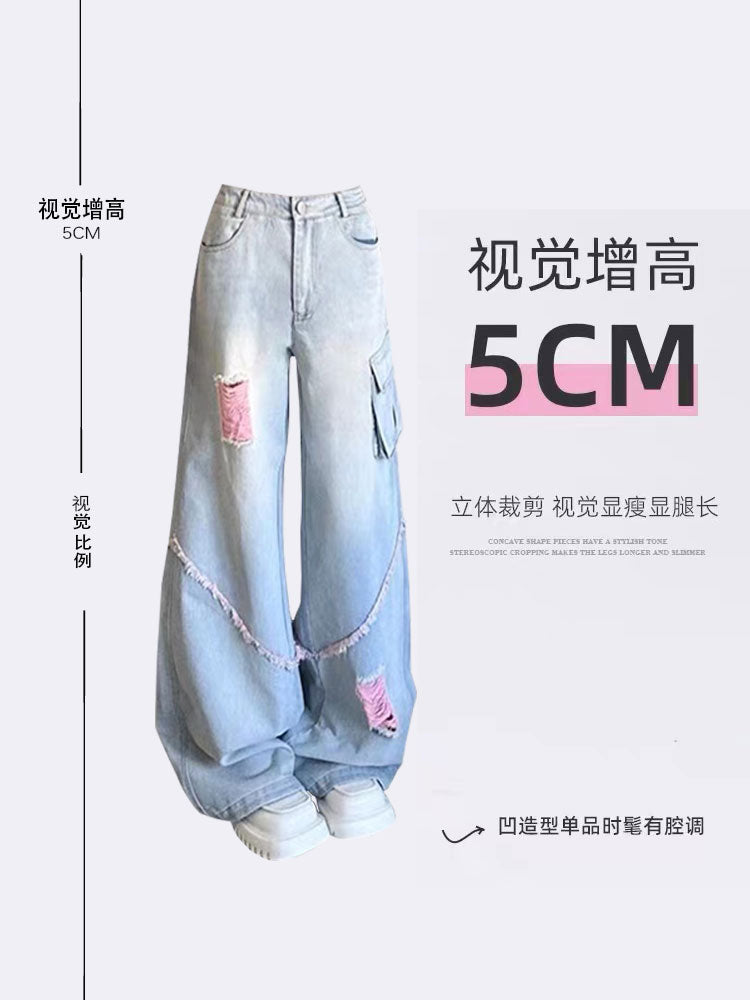 christmas outfit JazzHer Women's High Waist Ripped Cargo Jeans Vintage Korean Fashion Y2k Streetwear Cowboy Pants Harajuku Wide Leg Blue Denim Trousers