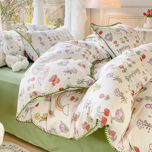 JazzHer Lovely Pastoral Girls Flower Bedding Set, Soft Washed Cotton Bed Linens For Dreamy Nights, Simple Bedspread And Home Textile