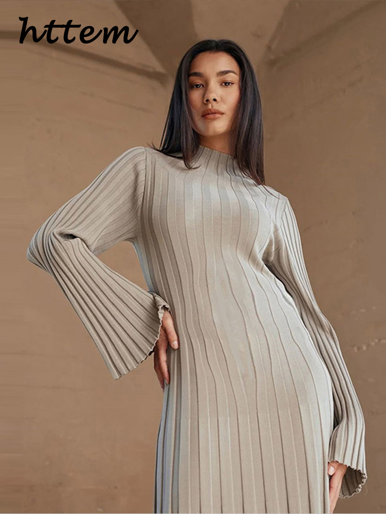 JazzHer Elegant Knit Ribbed Long Dress Women Solid Half High Collar Flare Sleeve Pleated Party Dresses 2024 Autumn Lady Straight Gown