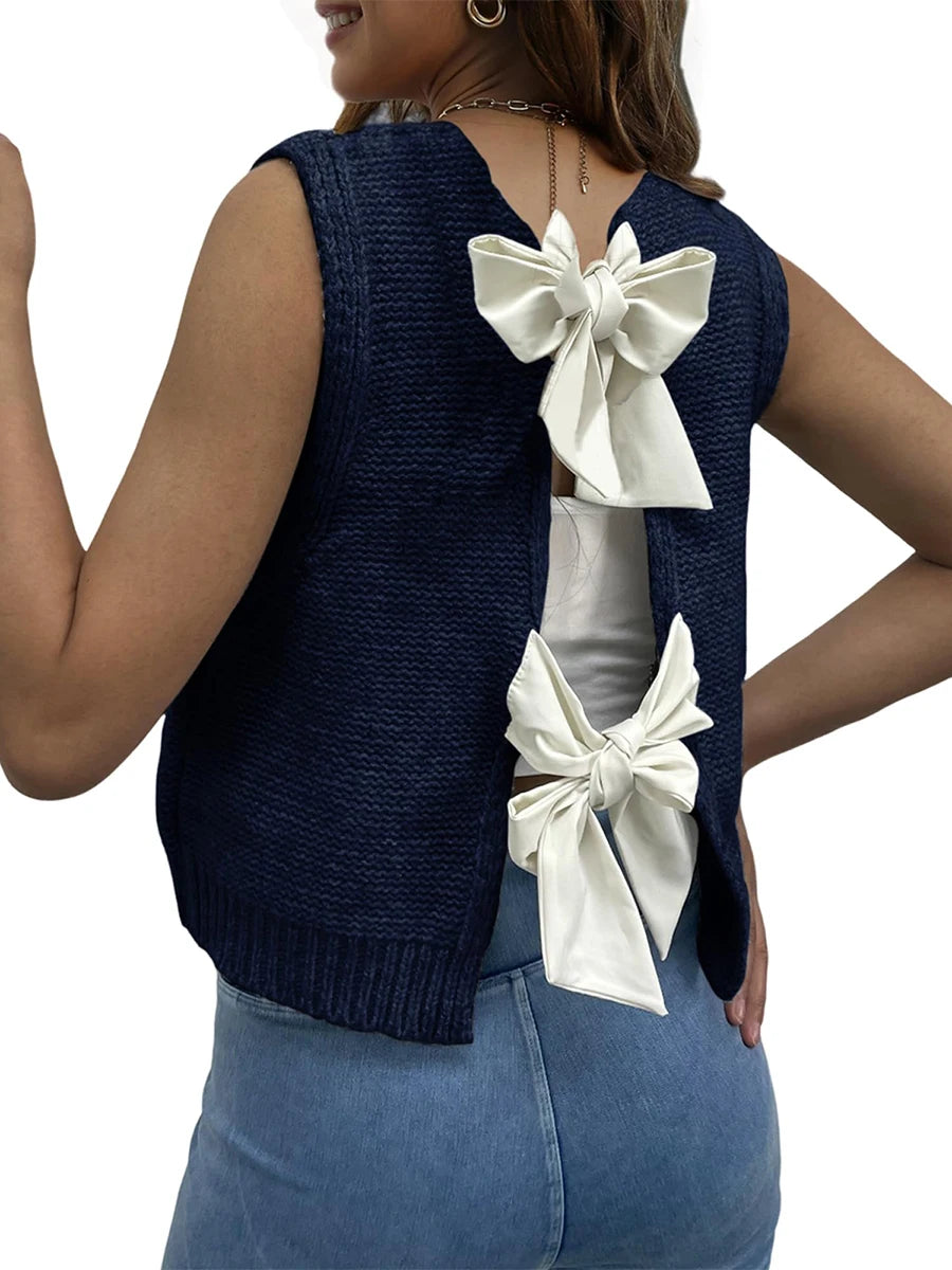 thanksgiving outfit JazzHer New Fashion Women Fall Knit Waistcoat Bow Tie Back Sweater Vest Slim Fit Tank Tops Streetwear Hot Sale S M L