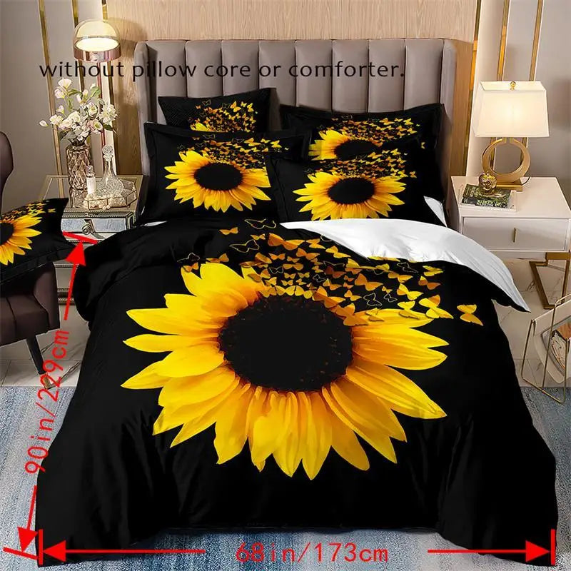 JazzHer 3pcs Fashion Duvet Cover Set, Sunflower Print Bedding Set With Zipper Closure, Soft Comfortable Duvet Cover