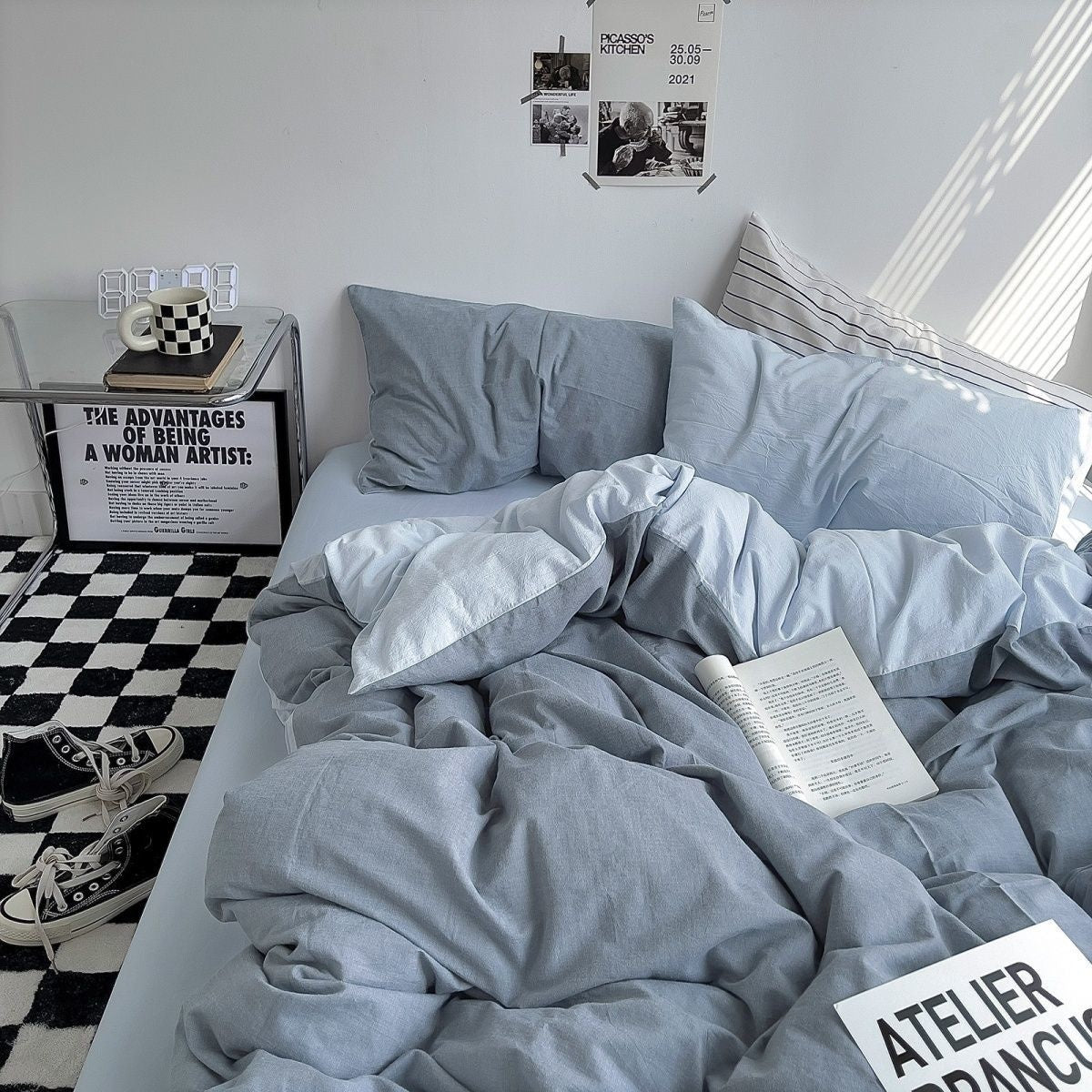 JazzHer INS White And Blue Grey Solid Color Bedding Set Flat Bed Sheet Duvet Cover Double Full Queen King Bedclothes Pure Bedroom Linen