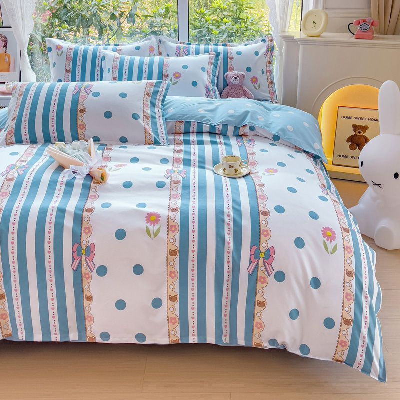 JazzHer Ins Blue Stripe Duvet Cover Set Soft Flat Sheet Quilt Cover Pillowcase Bed Linen Twin Queen Full Size Floral Bedding Set