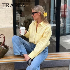 cold weather outfits JazzHer 2024 Spring Summer Casual Women Shirts Fashion Vintage Striped Thin Turn-down Collar Single Breasted Yellow Casual Shirts