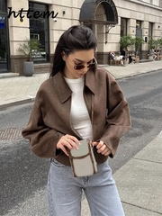 JazzHer Casual Solid Short Woolen Jacket Women Vintage Lapel Long Sleeve Zipper Crop Coats 2024 Autumn Lady Cozy High Street Outwears